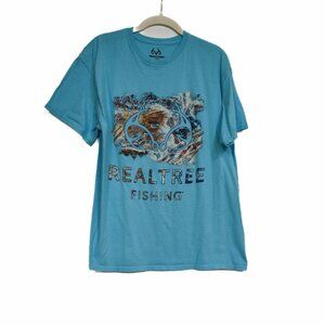 Real Tree Fishing Mens Light Blue T Shirt Casual Graphic Pullover Short Sleeve L